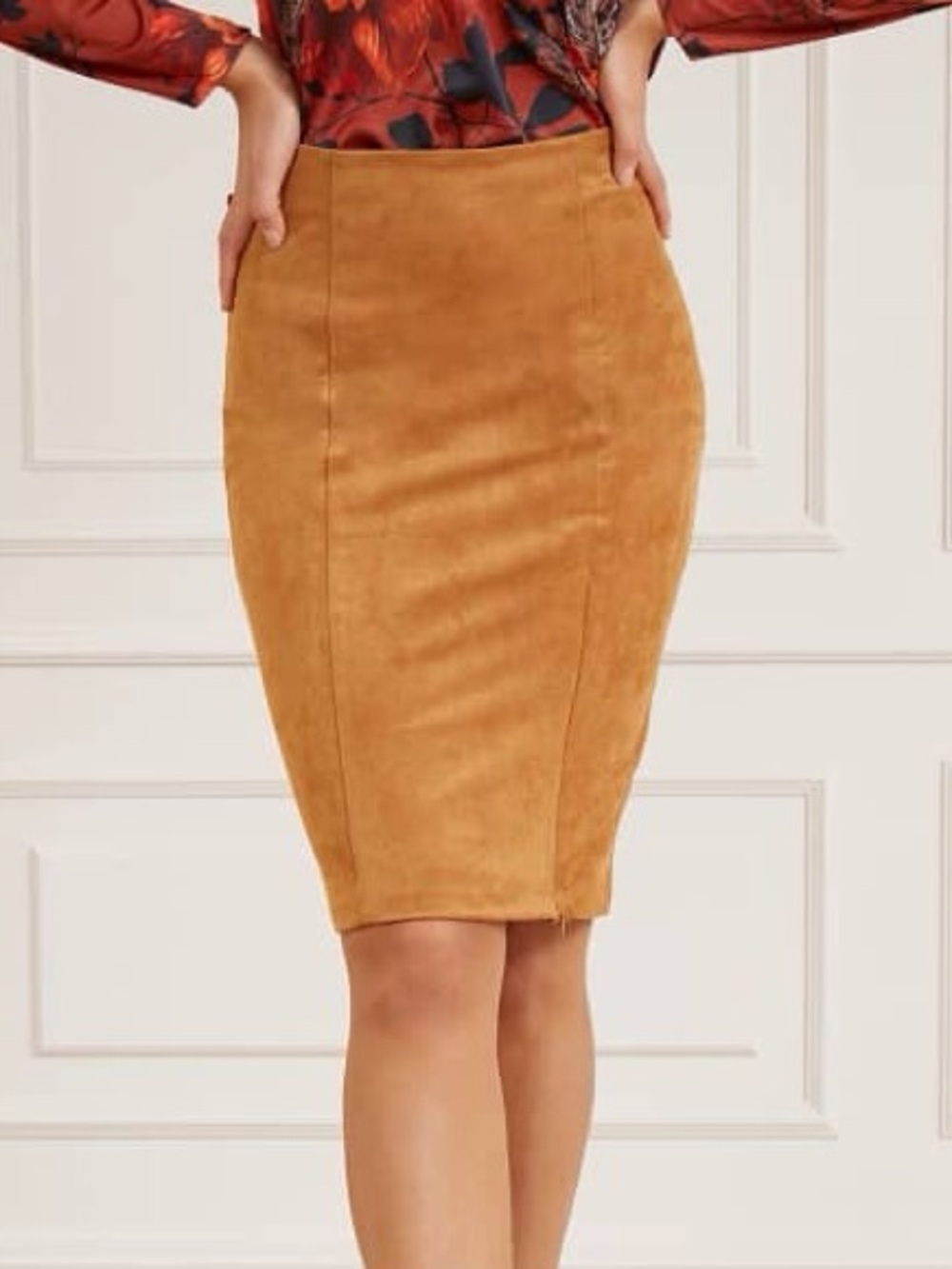 Marciano Camel Suede Pencil Skirt